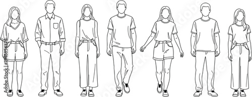 Diverse group of people line art illustration set featuring men and women in casual summer outfits standing and walking for minimalist design projects.