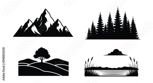 Mountain forest and landscape elements presented as a bold silhouette