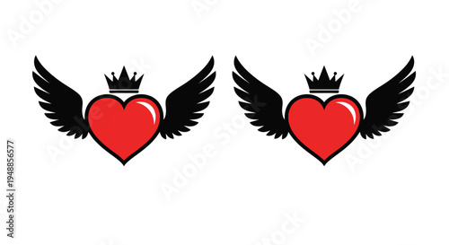 Two red hearts with wings and crowns a striking silhouette