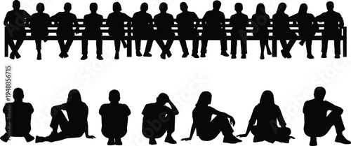Black silhouette set of diverse people group sitting and lying on bench in various casual poses isolated on white background for architectural visualization projects.
