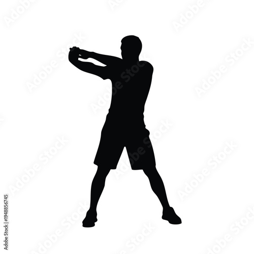 Man silhouette stretching arms, doing exercise for fitness