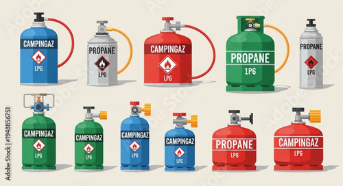 Collection of Propane and Camping Gas Cylinders for Outdoor Activities.