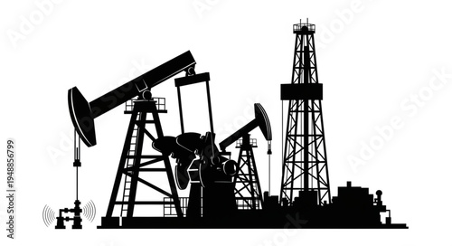 Silhouette of Oil Pumps and Drilling Rig - Energy Industry Landscape.