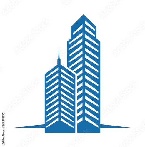 Vector graphic depicting two tall, modern skyscrapers with angular lines and a vivid blue color scheme