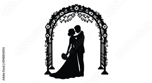 A couple embraces under a floral archway a romantic silhouette