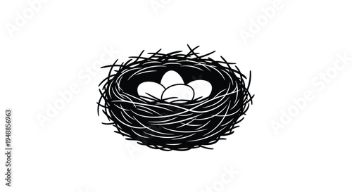 A bird s nest with eggs depicted in a striking silhouette