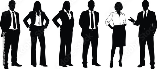 Professional business people silhouettes standing in formal office wear suits and blazers for corporate team group profile diverse workers isolated on white background.