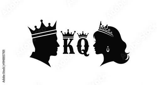 Royal couple with initials king and queen profile silhouette