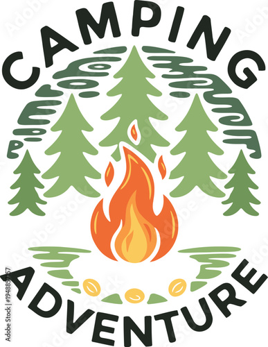 Vintage camping adventure badge design featuring a campfire and pine trees in the deep forest landscape.