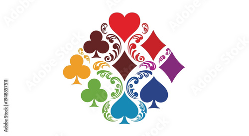 Colorful card suits arranged in a circular decorative silhouette