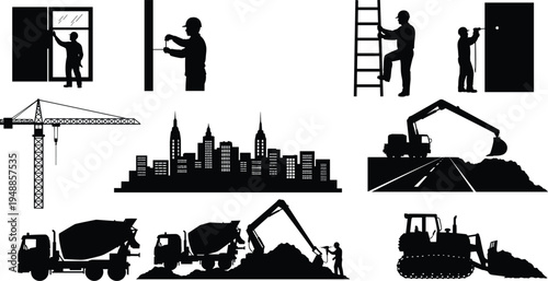 Construction worker silhouettes set featuring window installer, wall drilling worker, ladder painter, tower crane, excavator, bulldozer and cement mixer trucks for urban infrastructure development