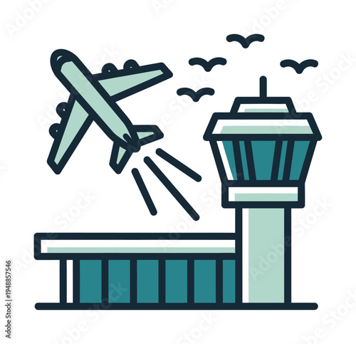 Vector depicting an airport control tower and an airplane taking off with birds flying overhead