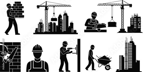 Construction worker silhouettes with brick carrier, crane lifting materials, circular saw operator, drilling worker, wheelbarrow laborer and city buildings representing engineering construction