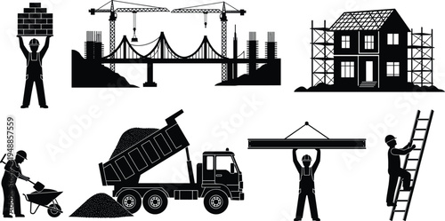 Construction worker silhouettes with bridge cranes, house scaffolding, dump truck unloading soil, ladder worker and building materials representing infrastructure construction