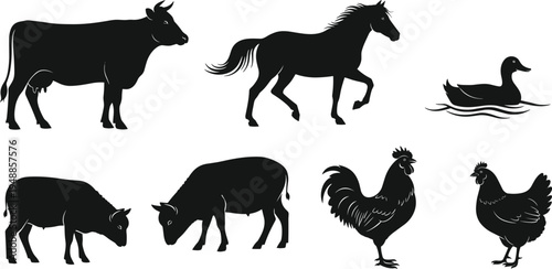 Farm animal silhouette set with cow horse pig sheep duck rooster and chicken livestock collection isolated on white background
