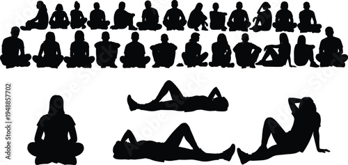 Large collection of people silhouettes sitting and lying down in relaxed poses including men women and children for diverse community group concepts isolated on white.