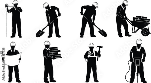 Minimalist construction worker silhouettes featuring measuring, digging, shoveling, wheelbarrow push, blueprint reading, brick carrying, hammering, and jackhammer icons for building .