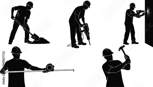 Minimalist construction worker silhouettes featuring jackhammer, power drill, wall drilling, measuring, and hammering icons for building, labor, engineering, and industrial work concepts.