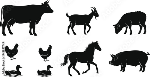 Minimalist farm animal silhouettes featuring cow, goat, sheep, chickens, ducks, horse, and pig icons for agriculture, livestock, rural life, and nature concepts.