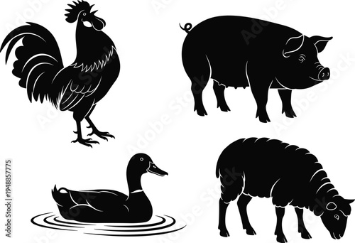 Minimalist farm animal silhouettes featuring rooster, pig, duck, and sheep icons for agriculture, livestock, rural life, and nature design concepts.