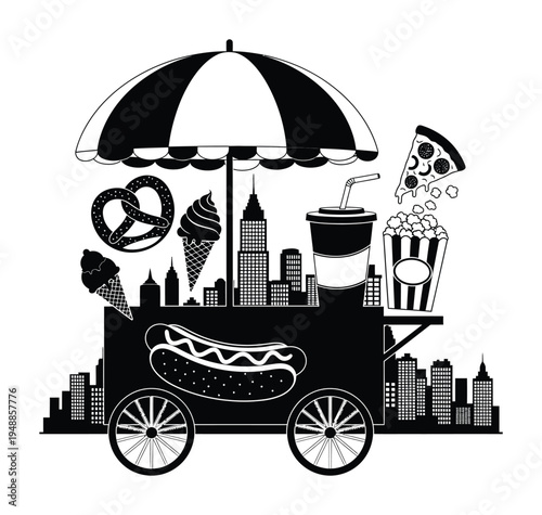 Vector of a food cart with a striped umbrella serving hot dogs pretzels and soda in a city