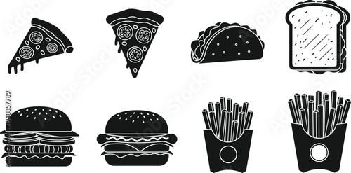 Minimalist fast food silhouettes featuring pizza slices, taco, sandwich, hamburgers, and French fries icons for snack, cuisine, junk food, and street food concepts.
