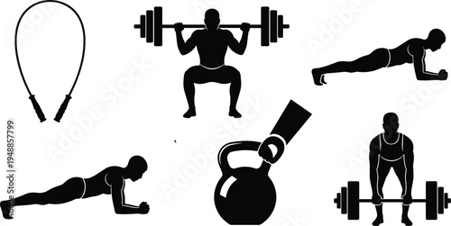Minimalist fitness silhouettes featuring jump rope, barbell squat, plank exercise, kettlebell training, and deadlift workout icons for gym, strength, and healthy lifestyle concepts.