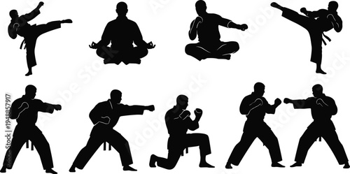 Minimalist martial arts silhouettes featuring high kicks, seated meditation, fighting stances, punches, and defensive postures for combat, discipline, and training concepts.