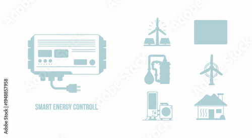 Smart Energy Control System and Renewable Power Icons Set for Solar, Wind, and Sustainable Home Management