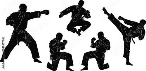 Minimalist martial arts silhouettes featuring punch, flying kick, high side kick, and defensive stances for combat, discipline, training, and sports concepts.
