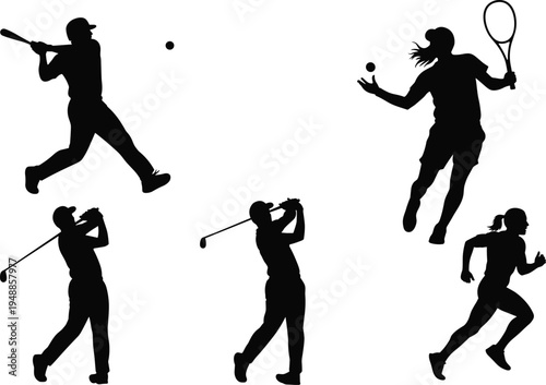 Minimalist sports silhouettes featuring baseball batter, tennis player, golfers, and running athlete icons for athletics, competition, fitness, and recreational activity concepts.