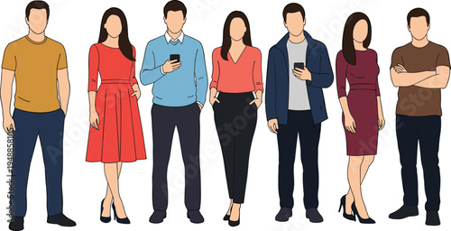 Diverse group of professional men and women standing together in casual business attire using smartphones flat vector illustration for modern communication and technology concepts.