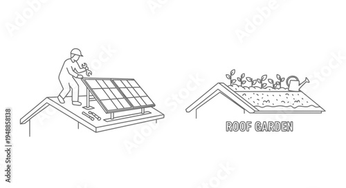 Solar Panel Installation and Roof Garden Illustration for Sustainable Living Concepts
