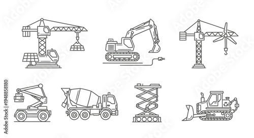 Sustainable Green Construction Machinery and Heavy Equipment Line Icon Set - Electric Excavator, Solar Crane, and Renewable Energy Building Tools