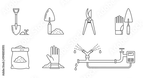 Set of Gardening and Agricultural Tools Line Icons - Shovel, Pruning Shears, Irrigation System and Soil Vector Illustration