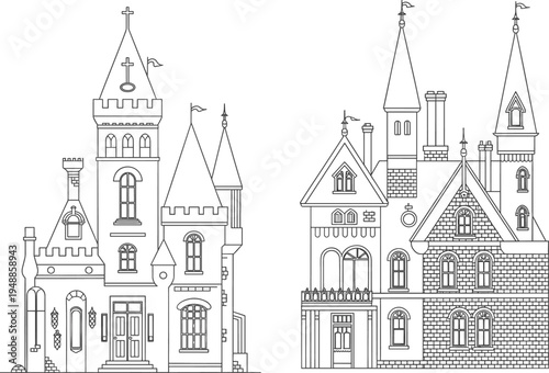 Two vector black and white line art fairytale fortresses for architectural decoration