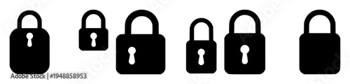 Padlock set with two flat black silhouettes side-by-side on a light gray background featuring black and white, minimalist, bold lines with lock and unlock