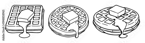 Belgian waffle set with flat 2D illustration on white background featuring Belgian waffle, butter cube, breakfast with flat 2D illustration and simple lines