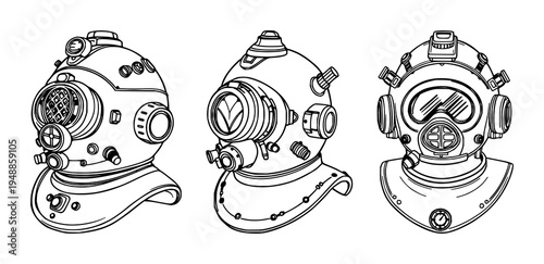 Vintage diving helmet set with ornate Victorian line drawing accented by modern tech sensor overlays on a white background featuring diving gear, antique, technology with line art and minimalist