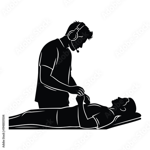 Medical first aid paramedic help silhouette assist person on stretcher