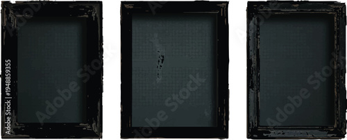 Three blank dark screen frames on a white background