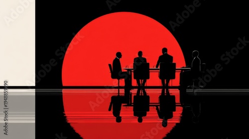 Business people in silhouette sitting at a table with a red sun behind them, high contrast, reflection on the shiny floor surface, minimalist office environment, strong symbolism.
