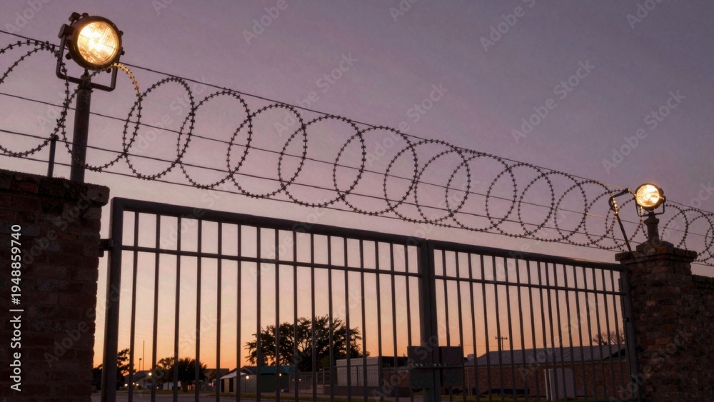 Obraz premium Taken sunrise sunset behind wrought iron gate flanked brick pillars either side each topped barbed wire round