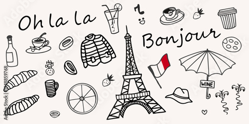 Parisian themed doodles featuring the eiffel tower and french phrases
