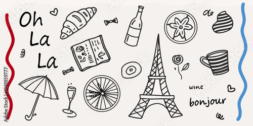 A whimsical black and white doodle collection evoking a french aesthetic