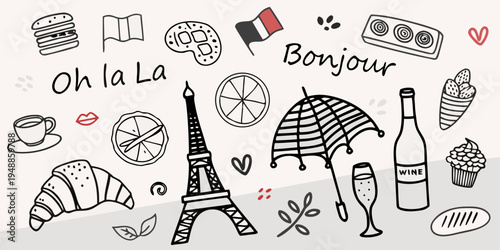 Parisian themed doodles including food landmarks and decorative elements