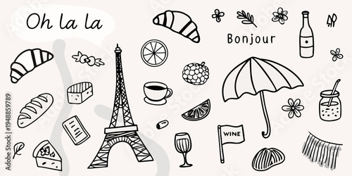 Parisian themed doodles including croissants eiffel tower and french motifs