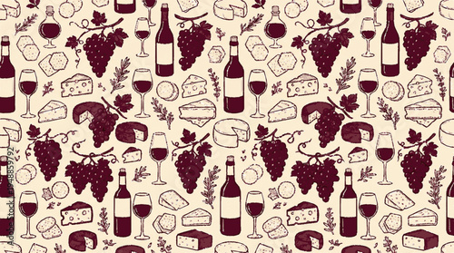 Seamless wine and cheese doodle pattern with grapes bottles and glasses on beige background