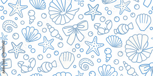 Delicate blue line drawing of various seashells and marine life