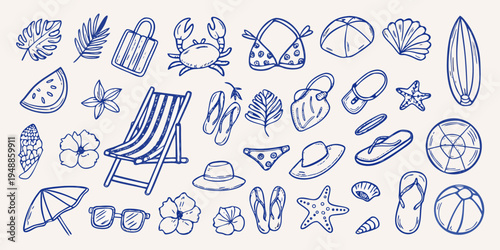 Blue line drawing of various summer and beach themed objects